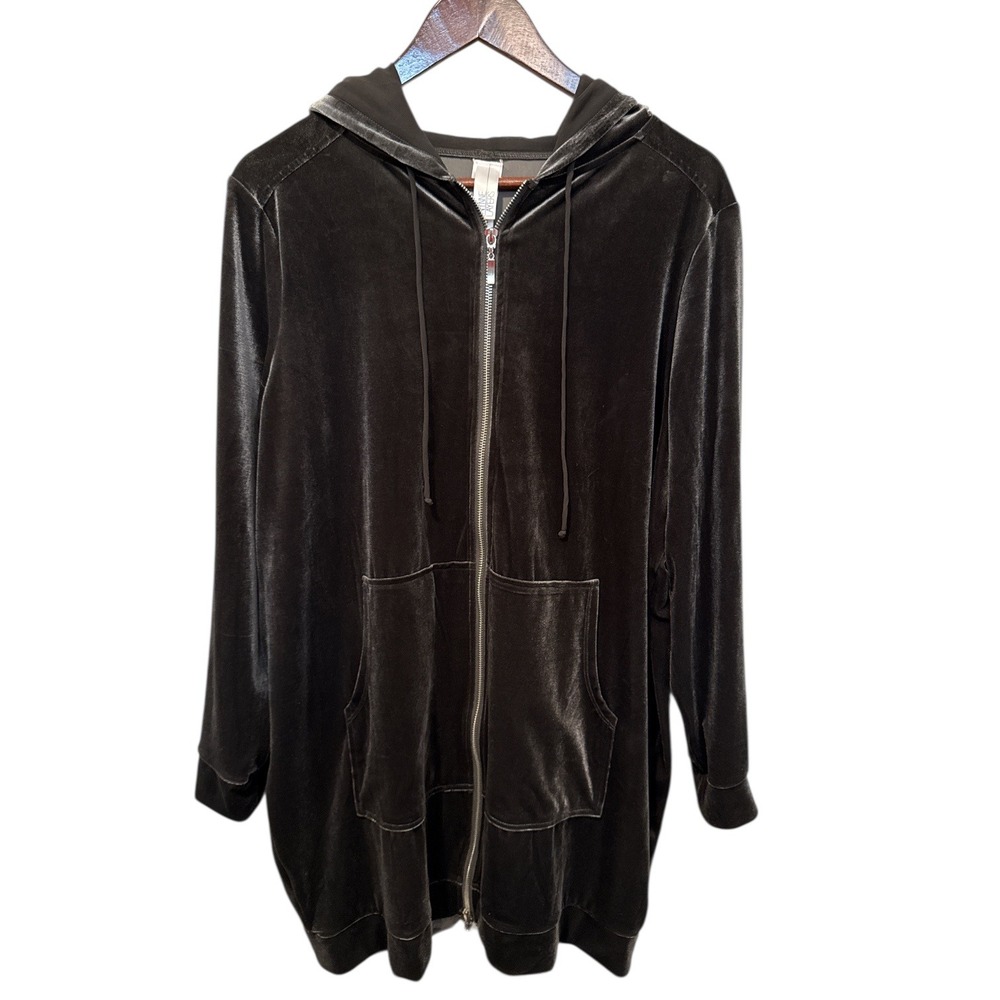 Wynne Layers Velvet‎ Knit Longline Zip Up Hoodie Gray Charcoal Olive Women Large